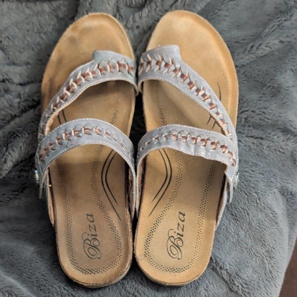 Biza Lexi thong sandals grey whiskey leather woven strap Boho Earthy Natural - Picture 2 of 13